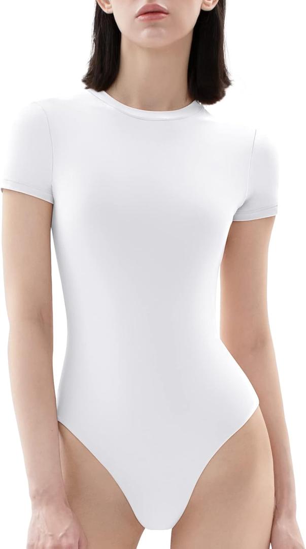 PUMIEY Women's Crew Neck Short Sleeve Thong Bodysuit Fashion T-shirt Tops Smoke Cloud Pro Collection (Large)