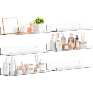 Yieach 6 Pack 15" Acrylic Shelves for Wall,Bathroom,Bedroom - with Adhesive - No Drilling Clear Floating Shelves for Funko Pop,Lego,Action Figures,Nail Polish,Perfume Shelf and Wall Storage & Display