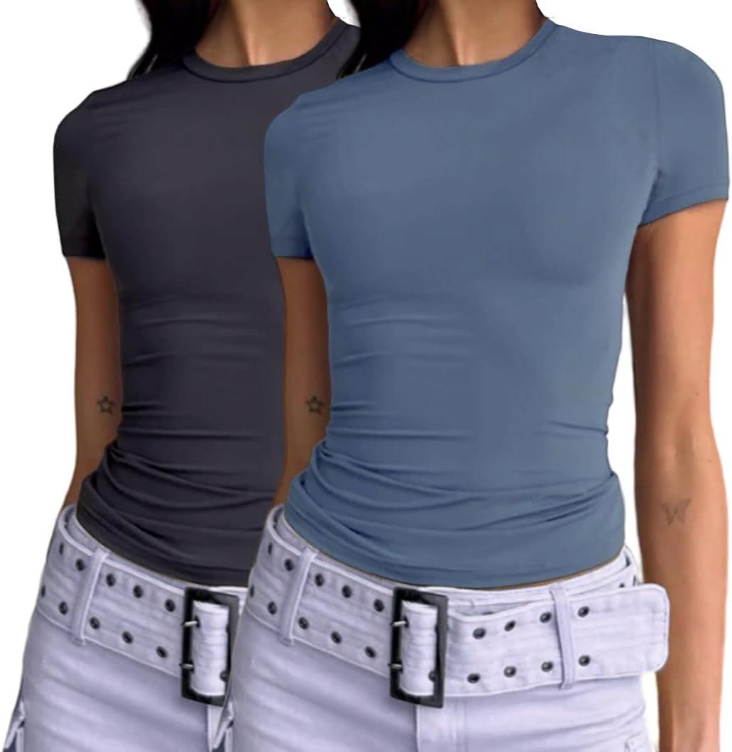 Dwnval Womens 2 Piece Sexy Casual Short Sleeve Crewneck Shirts Summer Slim Fit Cute Crop Tops (XL)