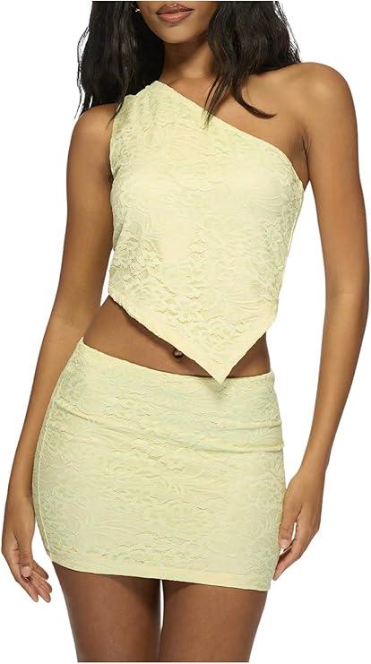 WDIRARA Women's Summer 2 Piece Sets Asymmetrical One Shoulder Going Out Tank Top Bodycon Mini Skirt Sexy Party Club Outfits, S