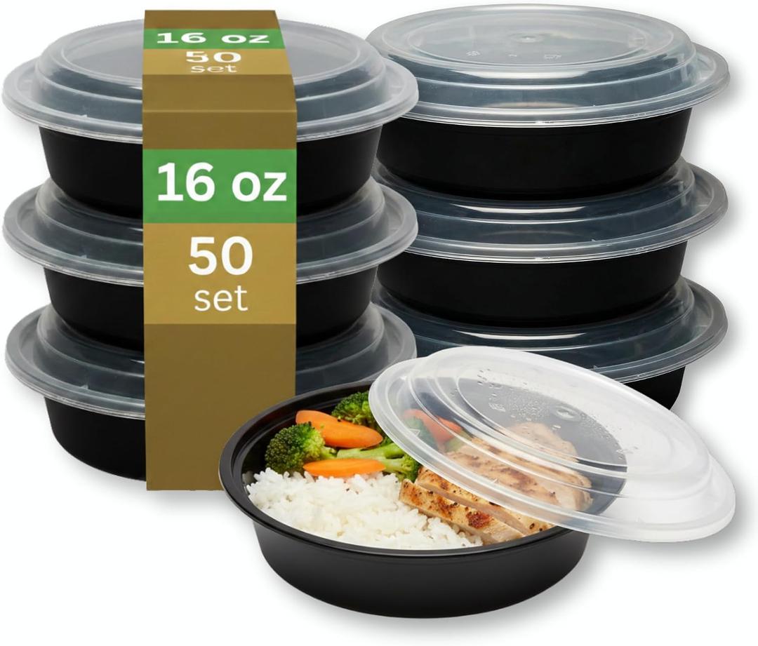 [16 oz Round Meal Prep Containers with Lids – BPA-Free Food Storage Containers, Bento Box for Restaurant & Catering Use, Stackable, Microwave, Dishwasher, Freezer Safe – 50 Pack