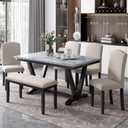 6 Pieces Dining Table Set with 60" Rectangle Marbled Veneers Tabletop Kitchen Desk,Living Room Furniture W/ 4 Chairs & 1 Bench,for Restaurant,Home Bistro,White