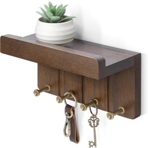 Rebee Vision Farmhouse Key Holder Wall Mount - Small Key and Mail Holder for Wall with 4 Hooks and Mini Floating Shelf - Ideal Apartment Essentials for Room Decor Aesthetic (Rustic Brown) (Small - 8 inch)