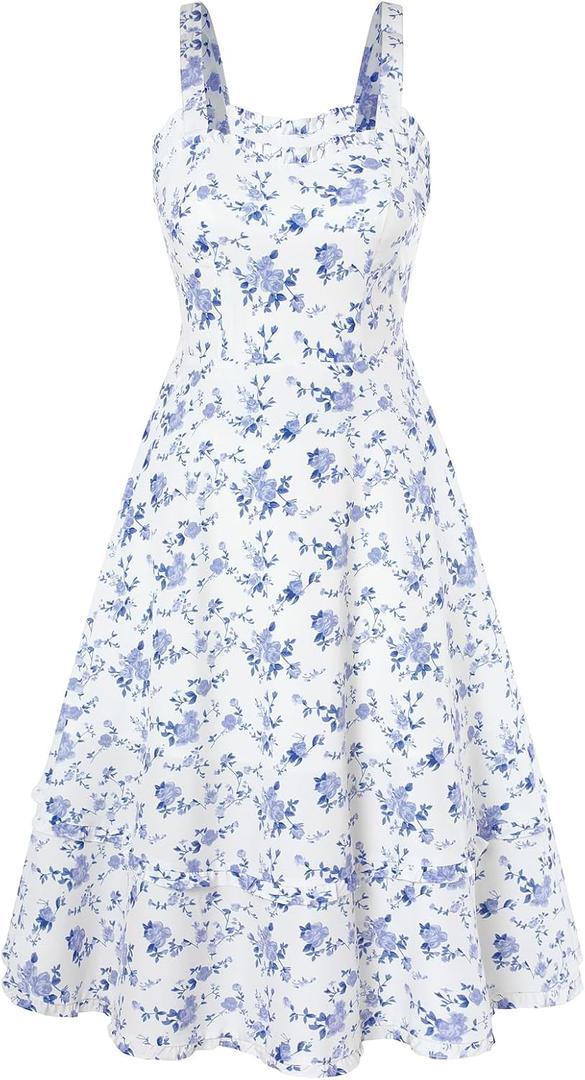 Belle Poque Women Summer Dresses 2025 Square Neck Spaghetti Strap Midi Dress Beach Vacation Sundress (Medium, Blue Floral)