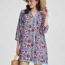 YEXPINE Women's Floral Print Cover Up Boho Tassel Tie Neck 3/4 Sleeve Casual Beach Summer Vacation Mini Dress