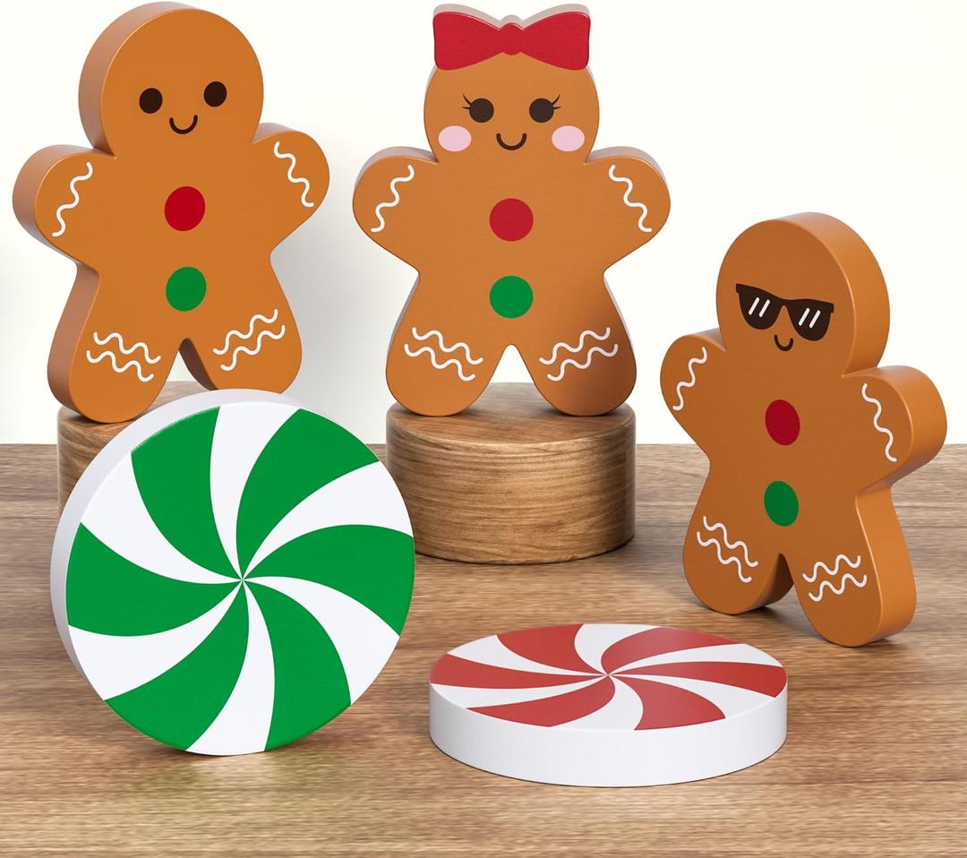 Gingerbread Christmas Decorations Tiered Tray Decor, 5 Pcs Gingerbread Candy Wooden Signs Table Decor for Home Kitchen Office