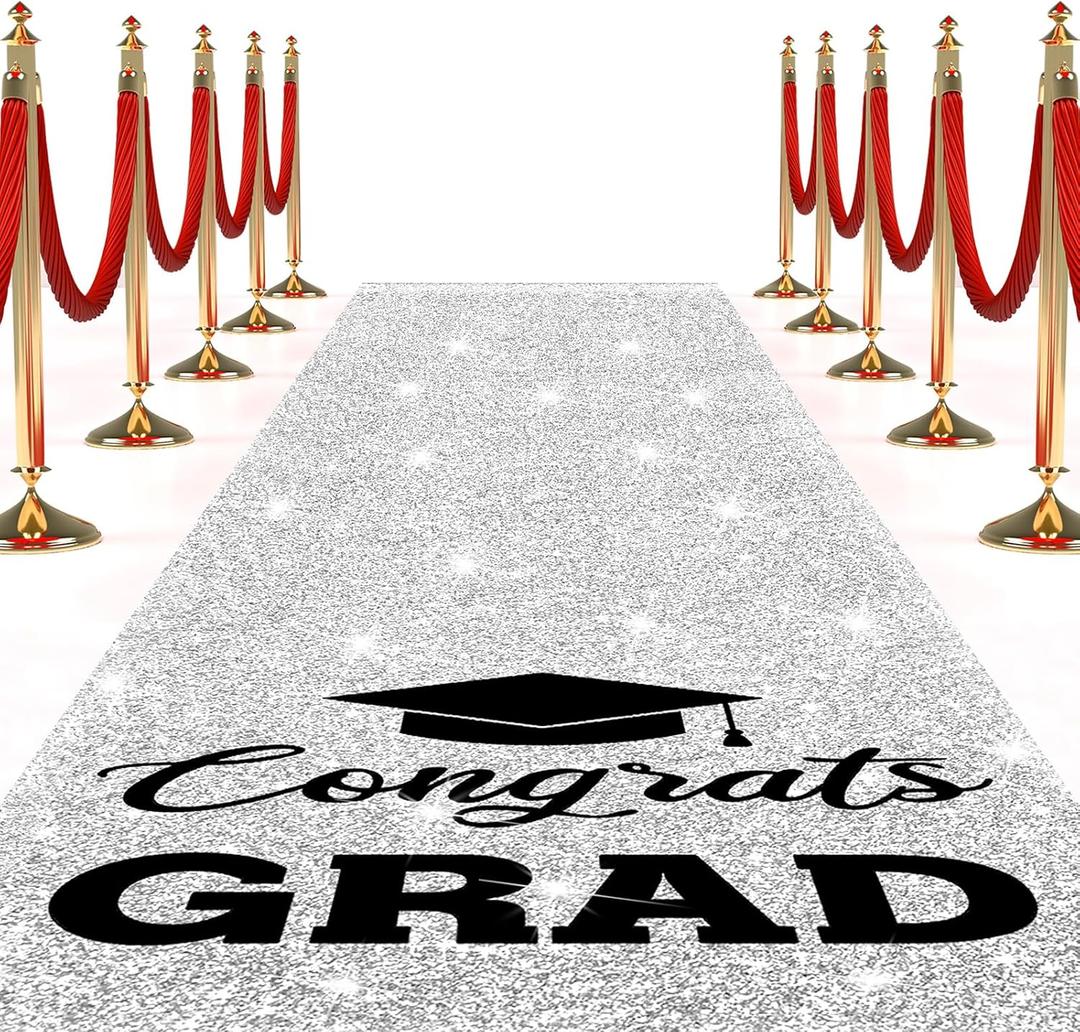 Sliner Graduation Carpet Runner for Party 2ft x15ft Graduation Prom Decorations Glitter Runway Rug for Prom Party Decor Aisle Runner for Learned Scholar Graduation Ceremony(Glitter Silver)