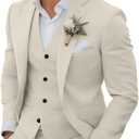 Men's 3 Piece Linen Suits Casual Lightweight Blazer Jackets Vest Pants Set for Wedding Business Prom Suit (Beige, XL)