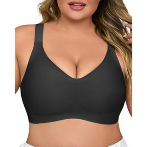 Plus Size Wireless Bras for Women V Neck Seamless Bralettes Comfort Full Coverage Bras for Women Push Up Soft Cup Everyday Sleep Bra Black 1XL (Black, XL)