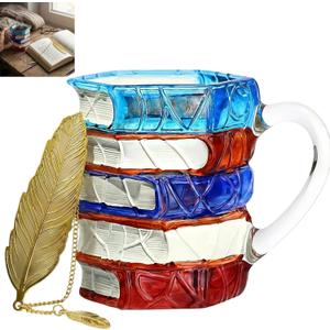 Chapter Book Mug with Metal Feather Bookmark - 6.5oz Glass Painted Book Mug for Book Lovers, 3D Stacked Novelty Coffee Mugs with Hexagonal Base, Literary Gifts for Readers and Writers