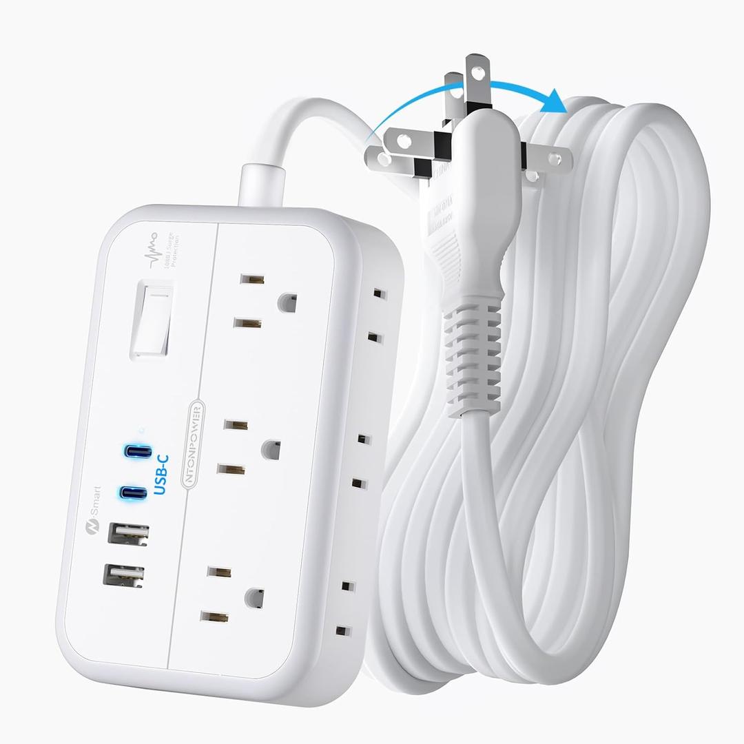 NTONPOWER 2 Prong Power Strip, 1875W/15A 2 Prong to 3 Prong Outlet Adapter, Power Strip with 4 USB Ports(2 USB C), 5 FT Rotating Flat Plug Extension Cord for Old House, Wall Mount