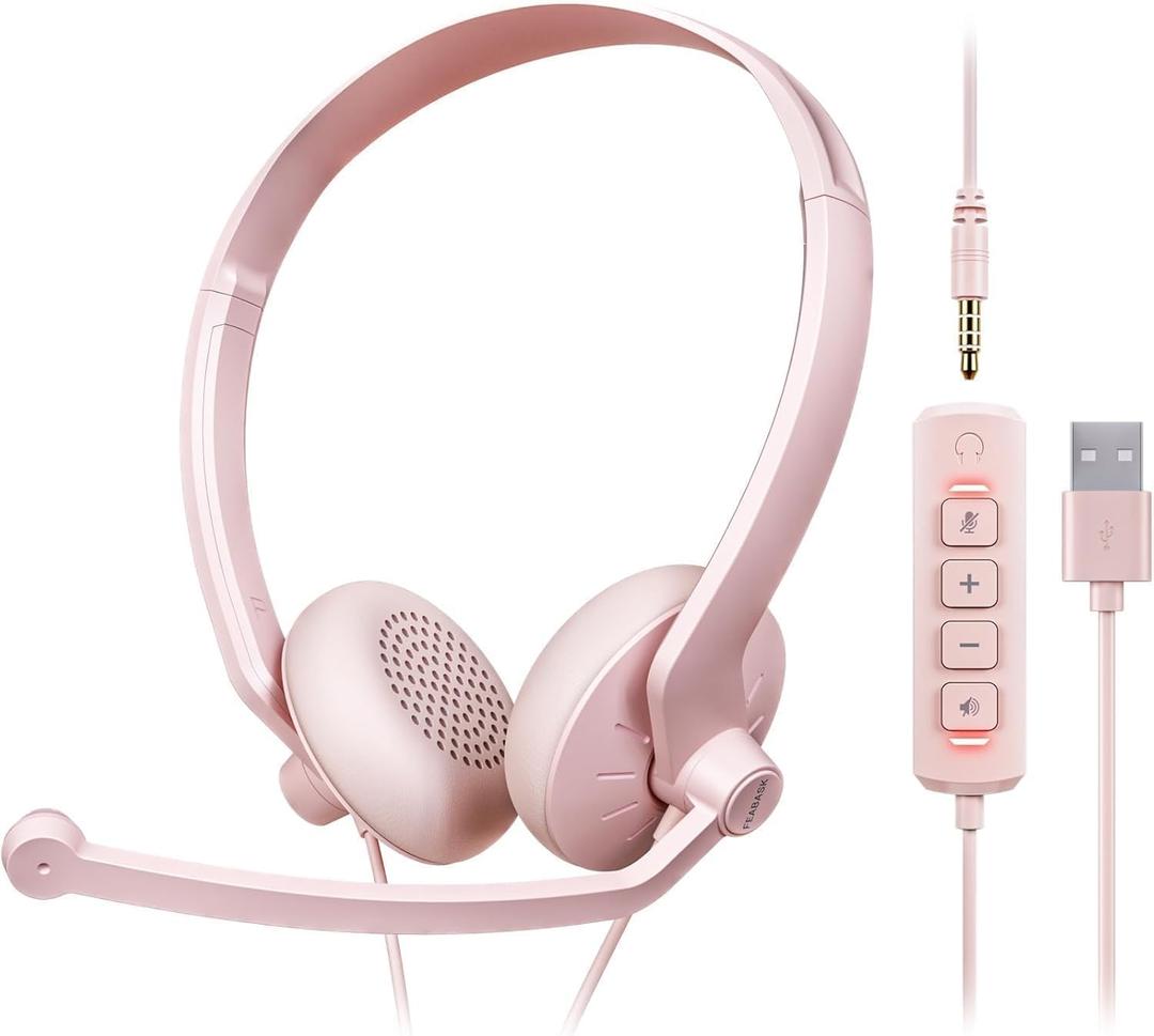 Headset with Microphone for PC - Wired USB Headset Computer Headphones with Microphones (Pink) Headset with Microphone for PC - Wired USB Headset Computer Headphones with Microphones (Pink)
