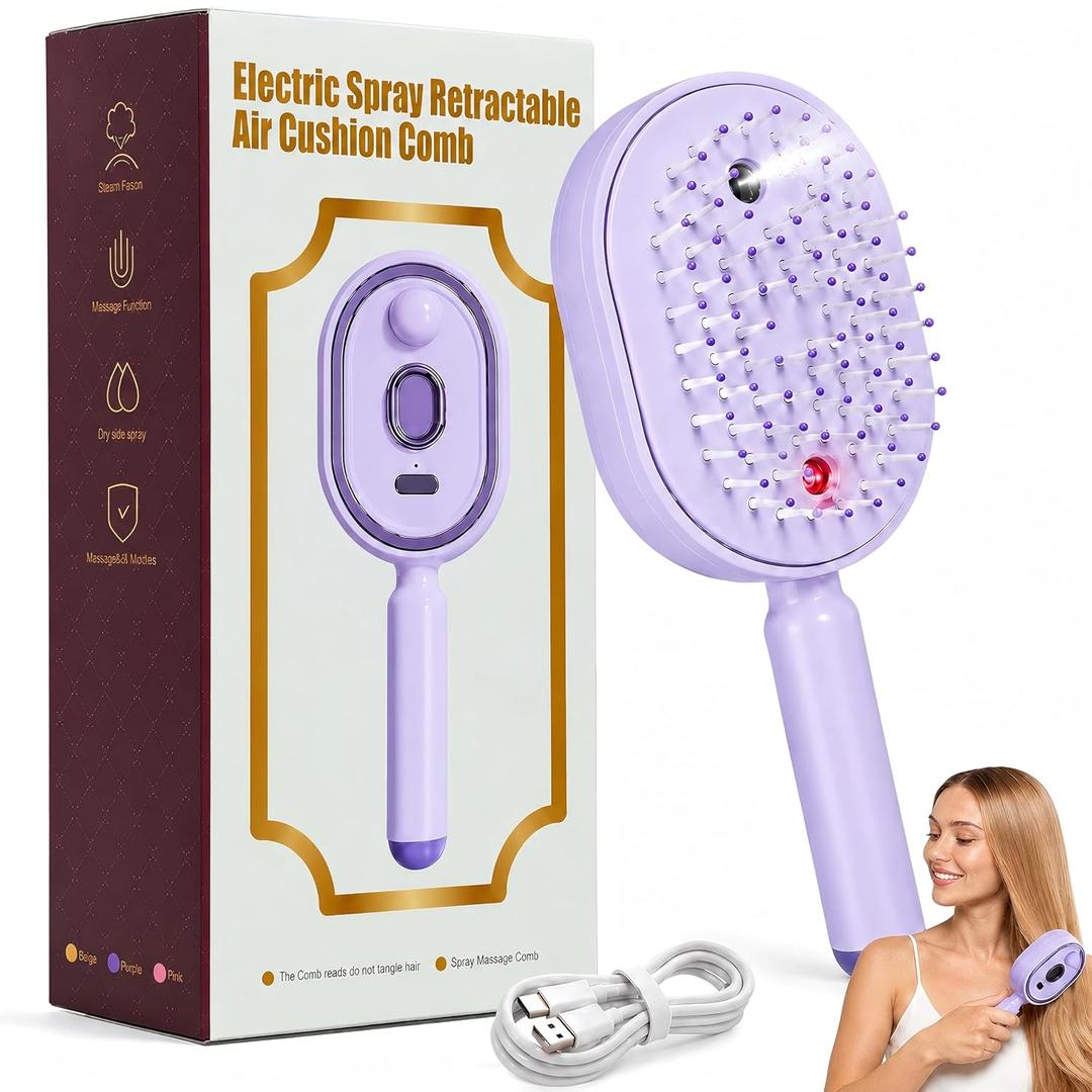 Electric Spray Air Cushion Massage Comb, 5-in-1 Rechargeable Mist Hair Brush with 10ml Refillable Reservoir, One-Press Self-Cleaning Detangling Brush for Dry, Frizzy, Curly & Thick Hair (Purple)