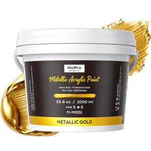 Nicpro Metallic Gold Acrylic Paint, 33.8oz/1000ml Large Heavy Body Gold Acrylic Paint, Non Toxic, Non Fading, Rich Pigment Gold Leaf Paint for Metal, Wood, Canvas, Furniture, Handcrafts, DIY Decor