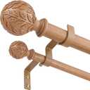 Wood Double Curtain Rod 36-153 Inch, Boho Decorative Extra Long Dual Curtain Rods for Windows, 1" Adjustable Heavy Duty Double Rod, Unique Handmade Imitation Wood Grain Leaf Finials Design