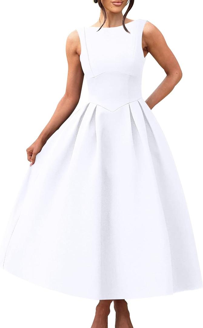 YMDUCH Women's Elegant Sleeveless Crew Neck Backless Swing A Line Evening Party Long Dress (White)