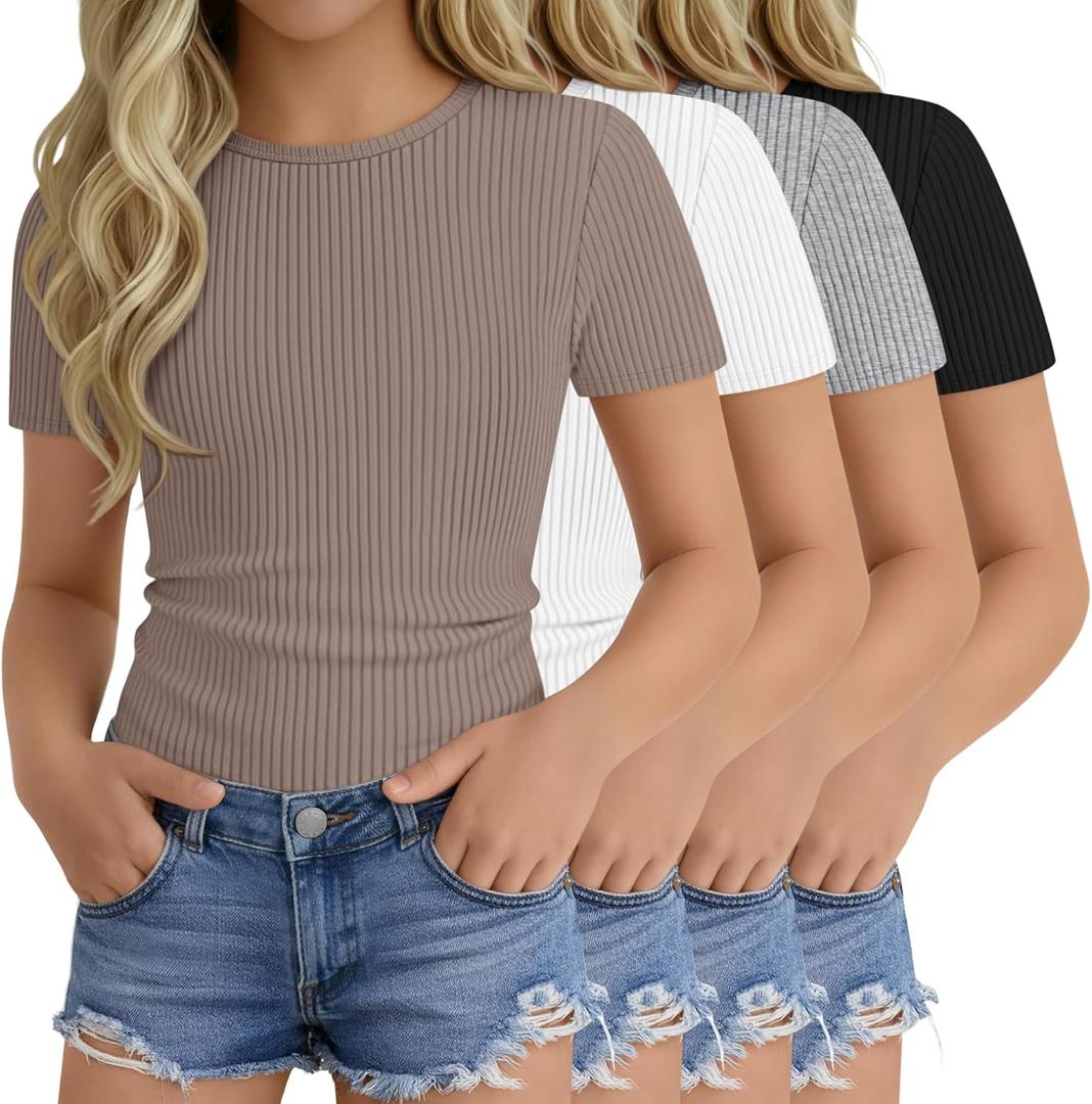 4 Pack Girls' Short Sleeve Shirts Ribbed Knit Crew Neck Tops Slim Fit Casual T-Shirt Kids Summer Basic Tees 5-14Y (11-12 Years, Black, White, Light Gray, Khaki)