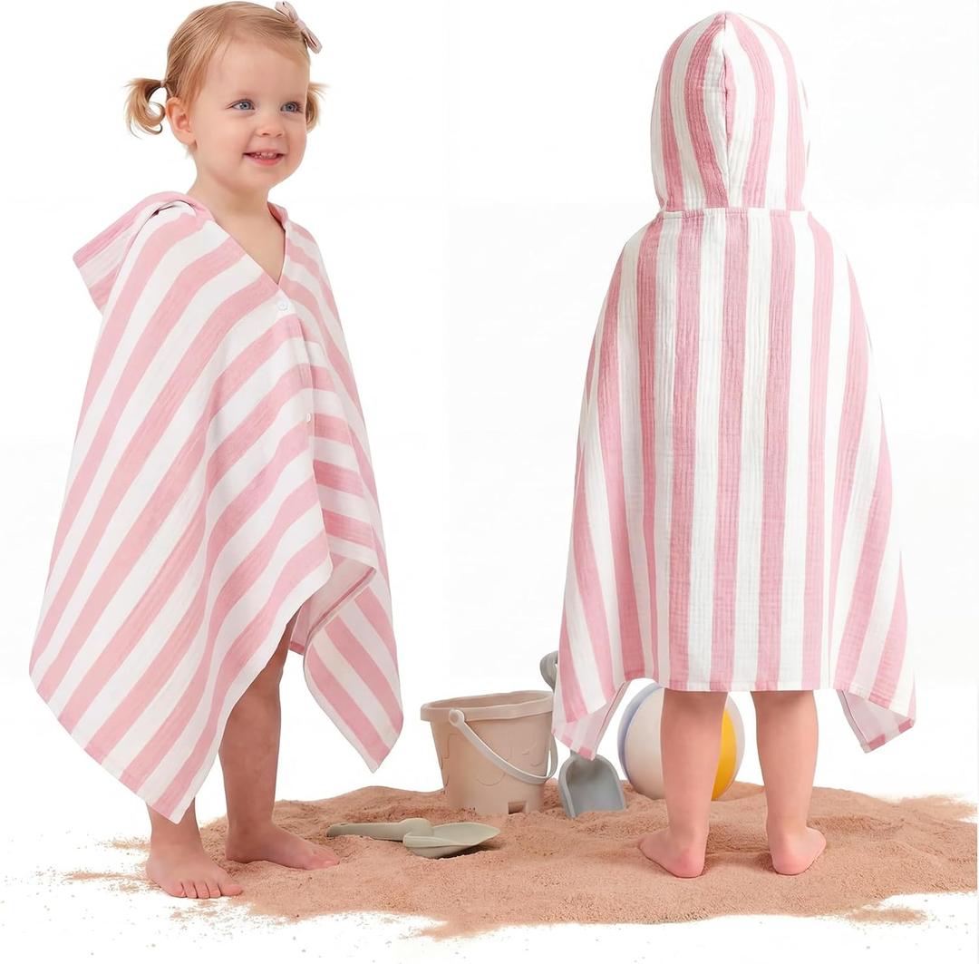 Mindsoft Muslin Hooded Beach Towel for Kids 1-3 Years 30" x 50" Toddler Beach Towel Poncho Soft Fast Drying Absorbent Blankets for Baby Shower Pool Bath Travel Swimming Essentials(Pink)