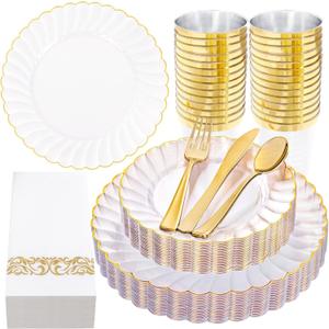 YOUBET 175PCS Gold Scalloped Plastic Plates - Clear and Gold Disposable Dinnerware Set Include 50 Plates, 75 Gold Silverware, 25 Cups, 25 Napkins for Party & Wedding