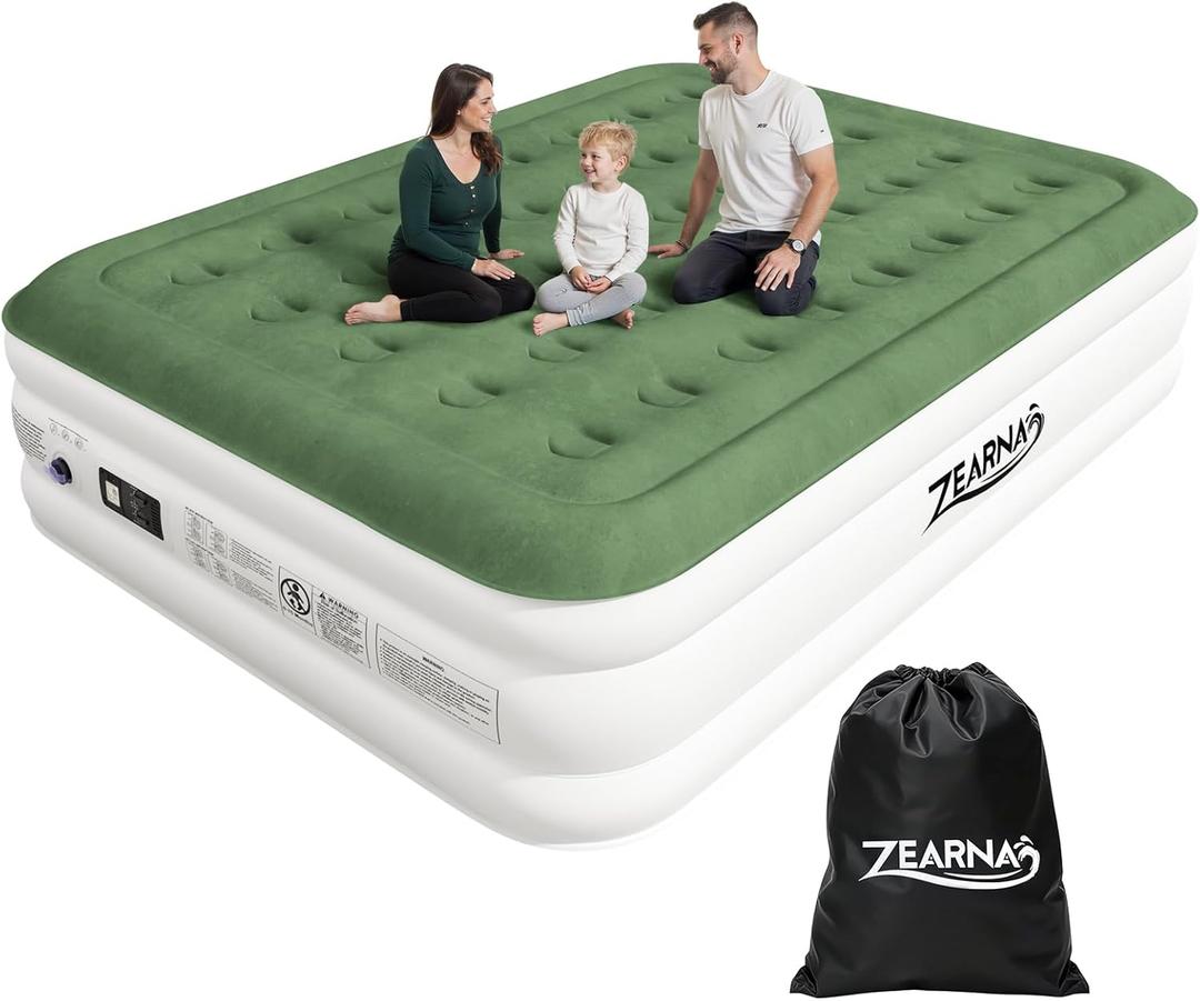 2025 Upgraded Queen Air Mattress with Built in Pump18'' Comfort Blow up Mattress, Quiet Surface Portable Inflatable Mattress, Air Bed with Storage Bag for Guests, Home, Camping, 660 lbs Max (Green)