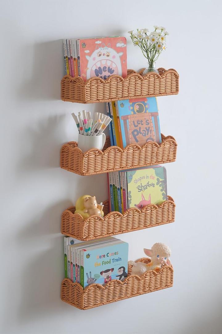 Nursery Book Shelves Set of 4, Metal & Plastic Artificial Rattan Scalloped Book Shelf 15.8", Cute Floating Bookshelf for Kids Bedroom Farmhouse Decor