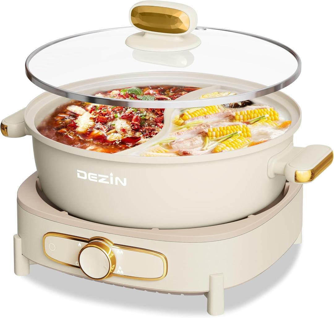 Dezin Hot Pot Electric with Divider, 6L Double-Flavor Shabu Shabu Pot, Dual Sided Removable Non-Stick Hotpot Pot Electric, 3" Depth Chinese Hot Pot with Multi-Power Control, 2 Silicone Ladles Included (Beige)