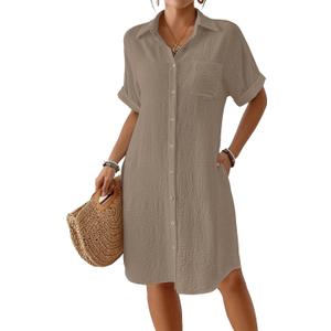 Bsubseach Womens Swimsuit Coverup Long Button Down Bathing Suit Cover Ups Short Sleeve Summer Beach Shirt Dress with Pockets Light Coffee XXL