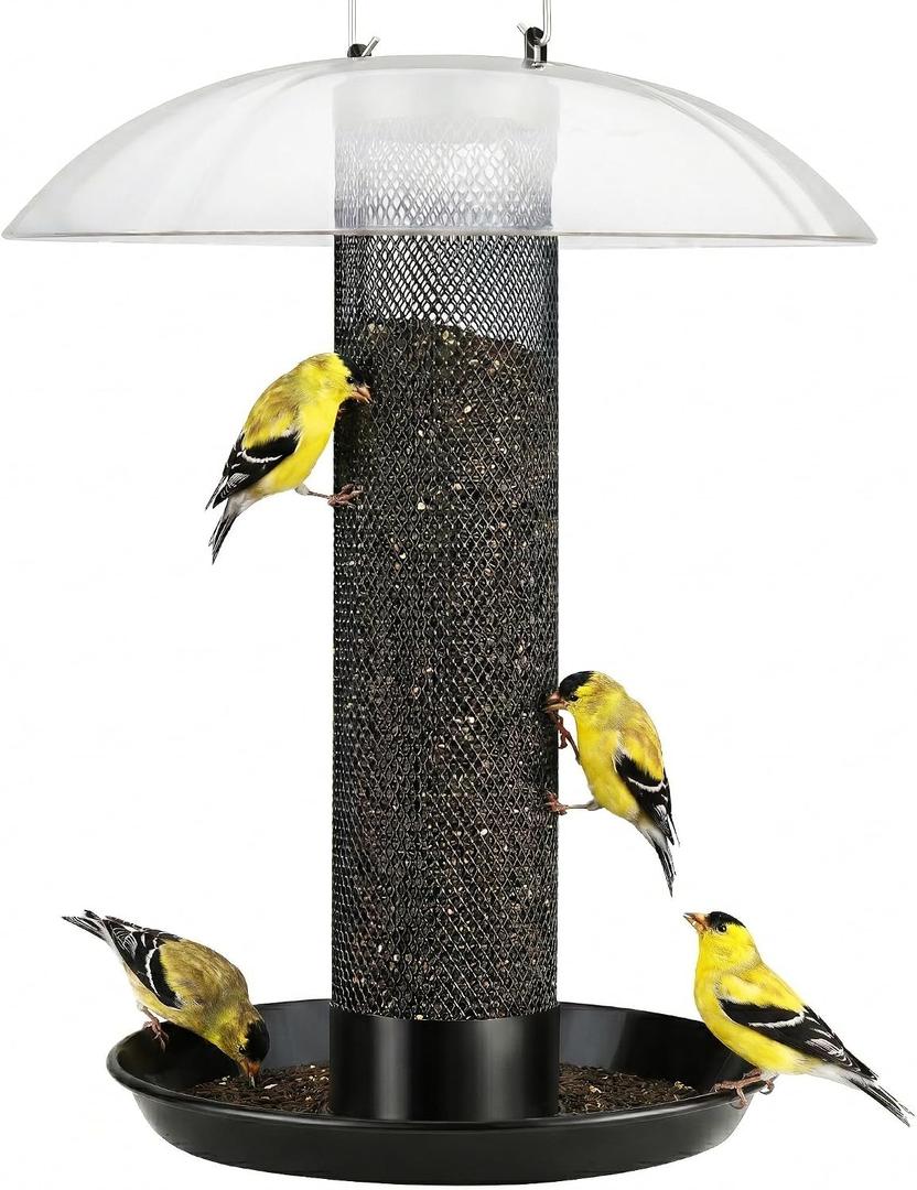Kingsyard Finch Bird Feeder for Outdoors Hanging, Metal Mesh Tube Bird Feeders for Thistle & Nyjer Seed, Large Removable Tray & Rainproof Dome, 2.5 lbs Seed Capacity, Black