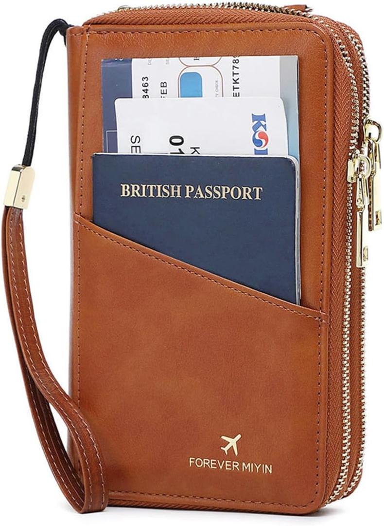 GOIACII Passport Wallet Travel Crossbody Bags for Women Wristlet Phone Purse Double Zip Vegan Leather Brown