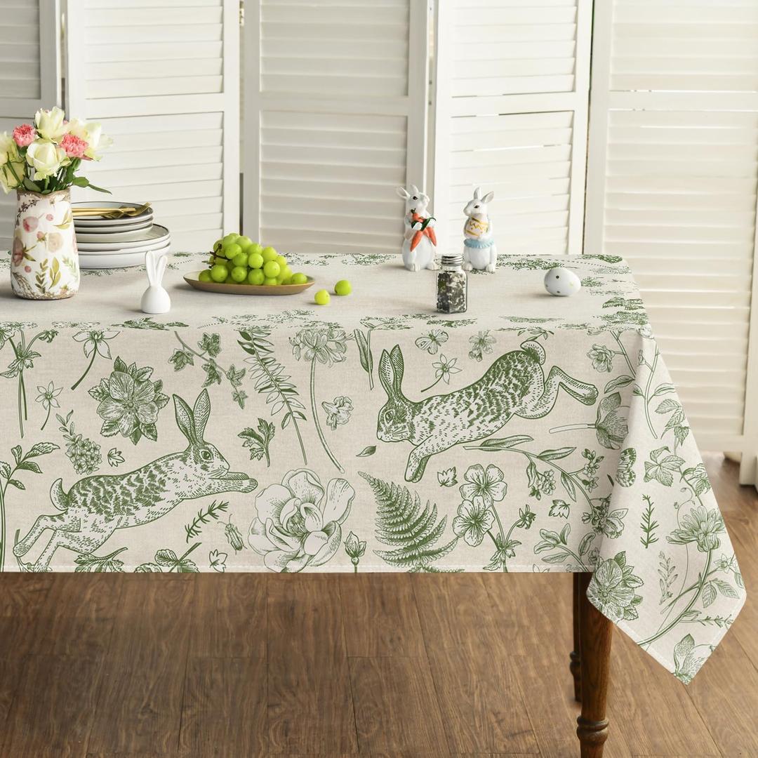 Horaldaily Easter Tablecloth 6084 Inch Rectangular, Beige Easter Bunny Green Fern Flowers Washable Seasonal Table Cover for Party Picnic Dinner Decor