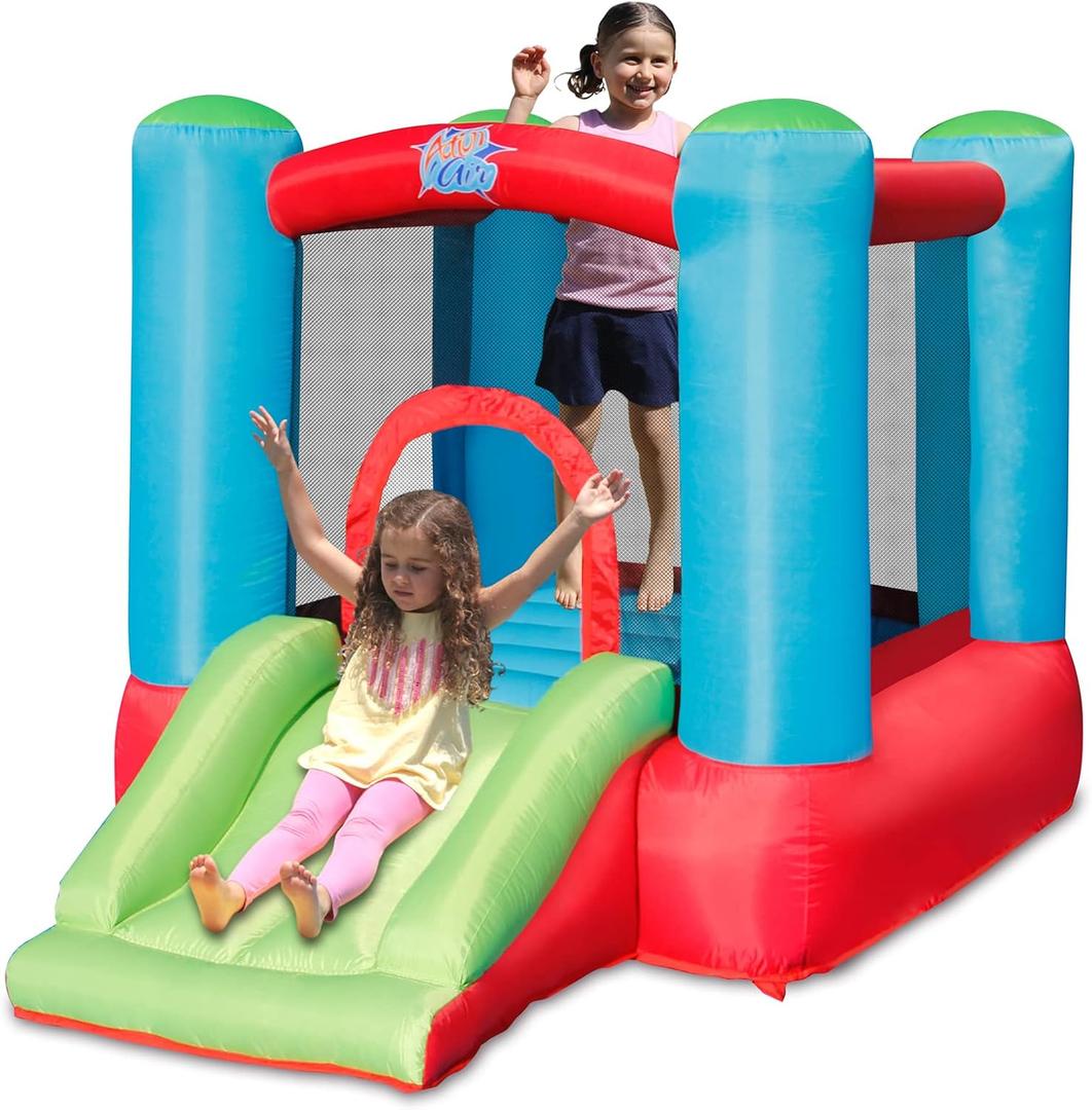 ACTION AIR Toddler Inflatable Bounce House w/Blower, Durable Sewn & Extra Thick for Indoor/Outdoor Fun with Slide, 61 inches x 85 inches x 55 inches