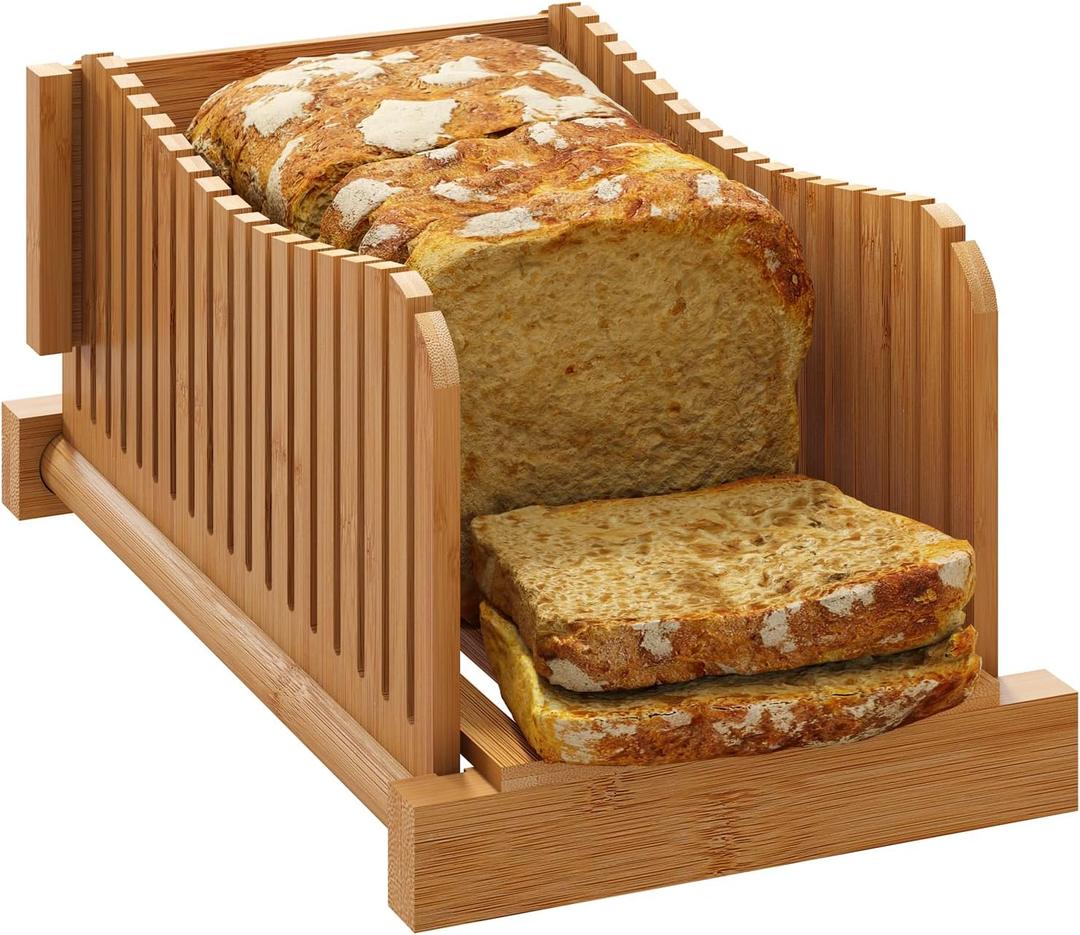 Bamboo Bread Slicer, Adjustable Bread Slicer Guide with 3 Thickness Size, Foldable Compact Chopping Cutting Board, Great for Homemade Bread, Cakes, Bagels
