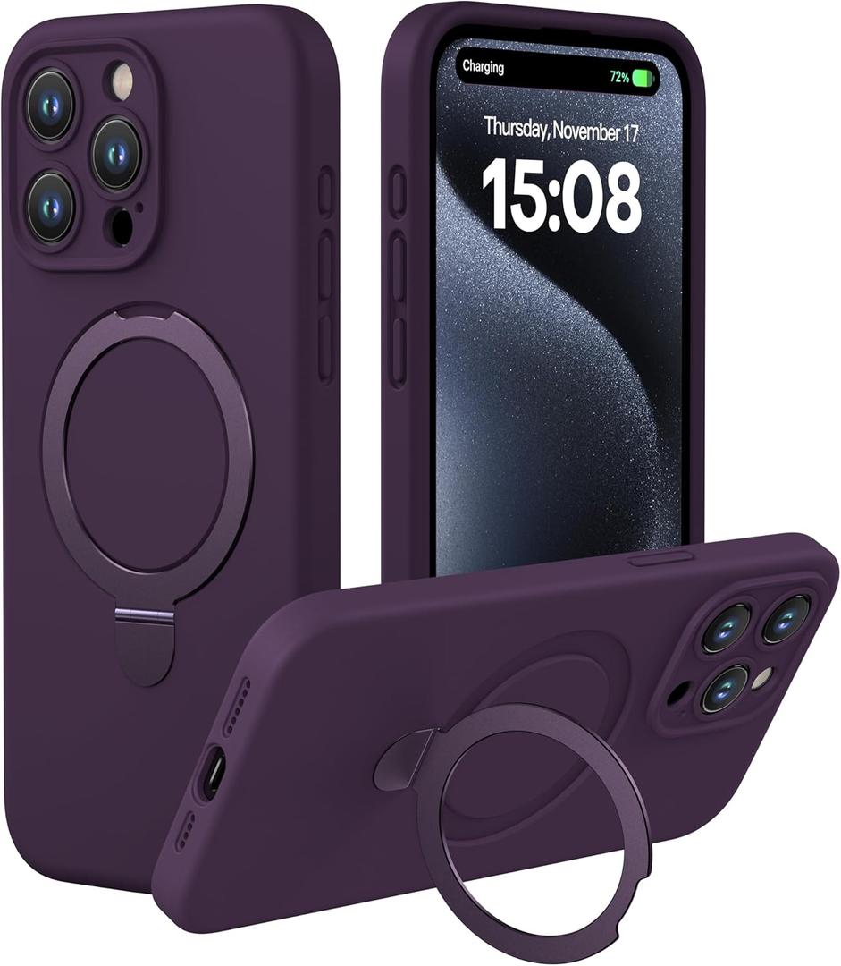 CellEver Strong Magnetic Case for iPhone 15 Pro Max [for MagSafe Charging] [Camera Protection] Heavy-Duty Protection, Soft Grip Silicone Cover with Kickstand, Deep Purple