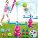 VATOS Water Sprinkler Baseball Outdoor Toy for Kids, 4 in 1 Dinosaur 360° Spin Sprinkler Water Tee-Ball & Ball, Summer Fun Play Games Outside Backyard Yard Garden Lawn for Toddlers Boys Girls