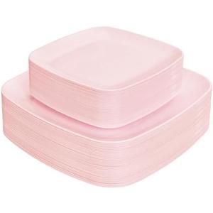 PULOTE 60PCS Pink Square Plastic Plates Disposable - Premium Quality Pink Set Include 30 Dinner / 30 Dessert Plates for Party, Wedding & Valentines Day