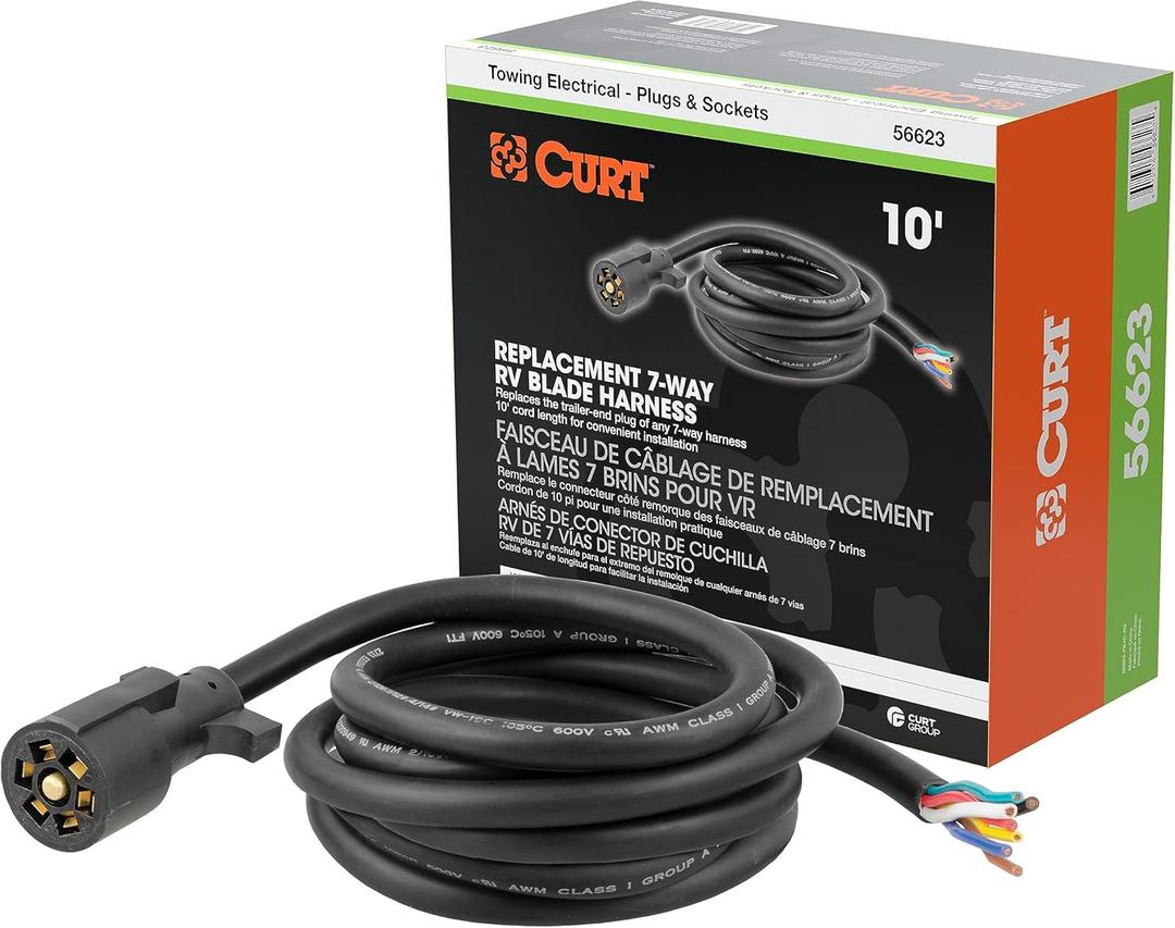 CURT 56623 Replacement 7-Pin RV Blade Trailer Wiring Harness Plug, 10-Foot Blunt-Cut Wires, Boxed