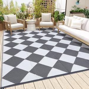 GarveeLife 8x10 Outdoor Rug for Patio Reversible, Plastic Straw Rug Waterproof Camping Rug Portable, Foldable Lightweight Mat for RV, Patio, Backyard, Deck, Picnic, Beach (Grey/White)