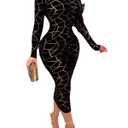 Uni Clau Women Sexy Sheer Mesh Boydcon Midi Dress See Through Printed Long Sleeve Midi Skinny Clubwear Party Dress, L