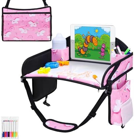 WENRENER Kids Travel Tray, Car Seat Tray for kids Travel, Toddler Road Trip Essentials With Drawing Kit, Toddler Lap Desk Organizer for Car, Car seat Table for Airplane, Pink
