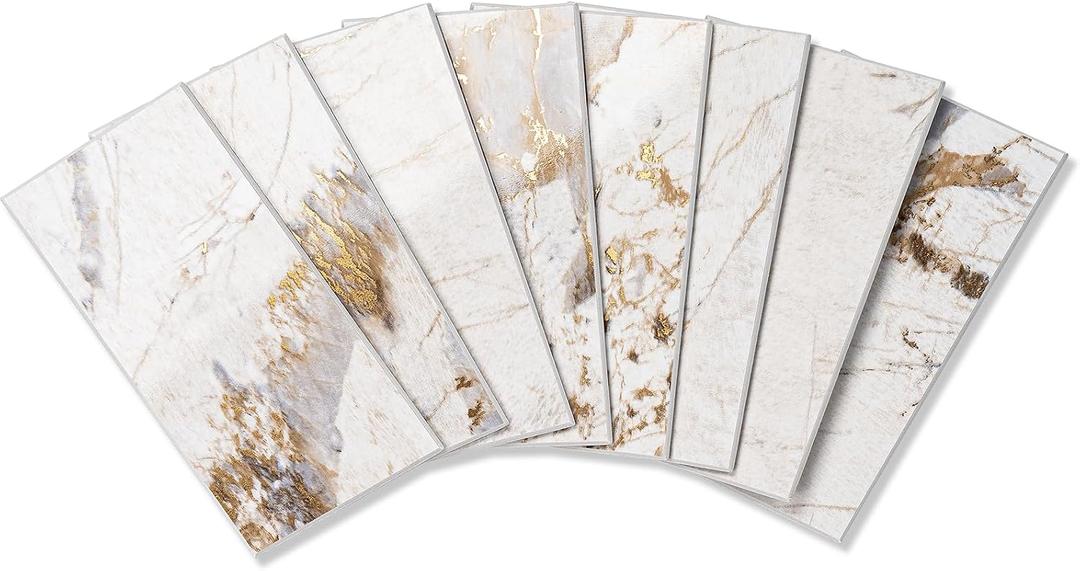 StyloVue 100 Pieces Peel and Stick Backsplash for Kitchen, 3" x 6" PVC Subway Tile, 2026 Upgraded Ivory Calacatta Marble Look with Gold Veining, Glossy Finish, Stick on Tile for Kitchen, Fireplace, RV, 6.0" x 3.0" x 0.12"