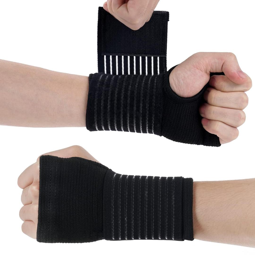 Wrist Brace, 2 Pack Elastic Wrist Support with Strap, Wrist Compression Wrap Adjustable Wrist Strap Relieves Wrist Pain, Tendonitis, Sports Use for Men and Women, Right & Lef(Black)