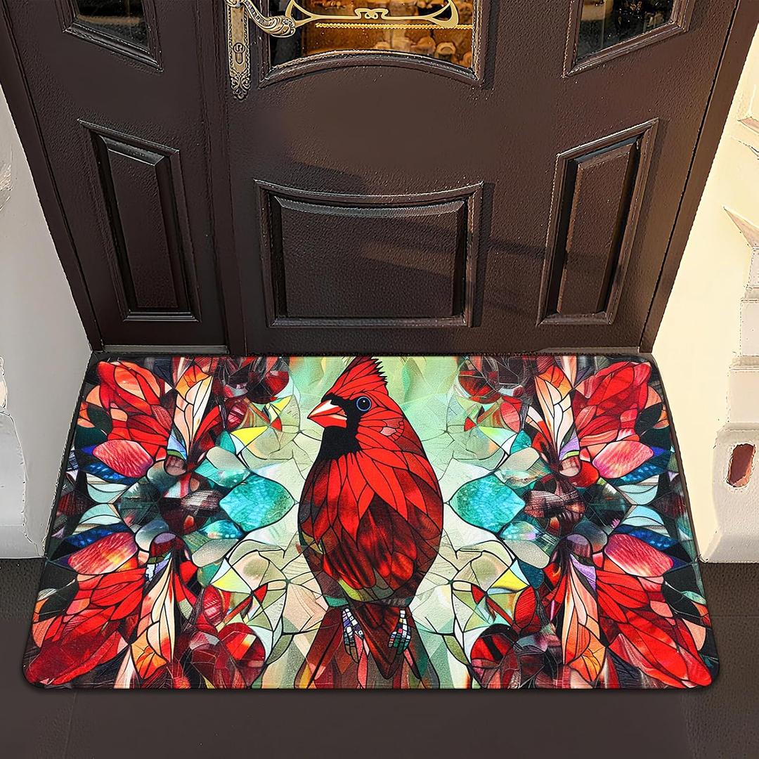 Dunzy Winter Door Mat 35.4'' x 23.6'' Cardinal Bird Front Welcome Floor Door Mat Indoor Outdoor Entrance Winter Decoration Washable Non-Slip Rubber Doormat Inside Outside Entrance for Home Holiday