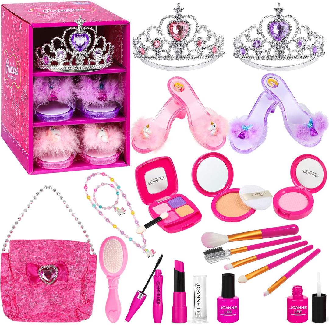 Kids Makeup Kit - Princess Dress Up Shoes, Crowns & Handbag - Pretend Play Fake Makeup Set for Girls, Ages 3-6