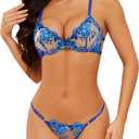 Lilosy Sexy Floral Embroidered Mesh Sheer Underwire Lingerie Set, M