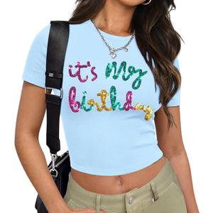 Birthday Shirts for Women Glitter Its My Birthday Shirt Sequin Birthday Party Crop Tops Cute Y2k Baby Tee (Blue, XL)