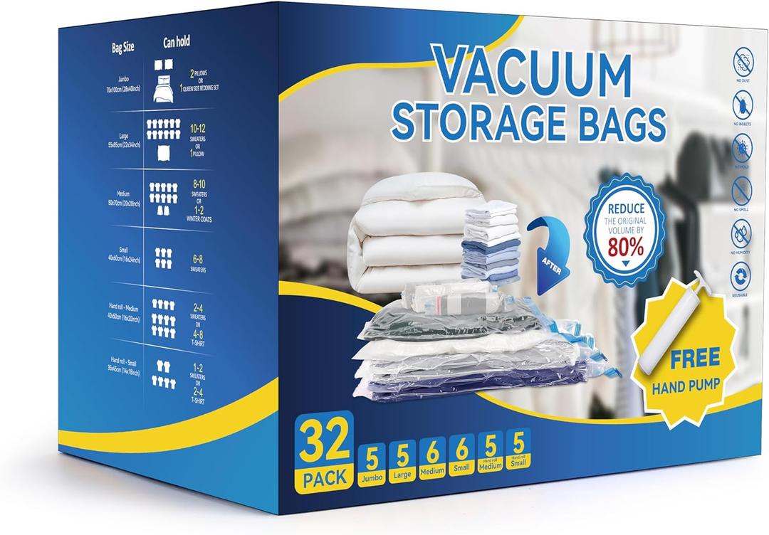 Simple Deluxe 32 Pack Vacuum Storage Bags (5 Jumbo/5 Large/6 Medium/6 Small/5 Roll M/5 Roll S) Space Saver Bags, Vacuum Seal Bags with Hand Pump for Comforters, Blankets, Bedding, Pillows and Clothes