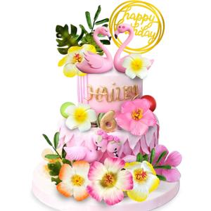 DRWATE Flamingo Cake Toppers Summer Cake Decorations with Flower Palm Leaf Cake Toppers for Tropical Hawaiian and Beach Themed Party Supplies (Style1)