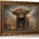 Vintage Gold Framed Highland Cow Wall Art, Moody Cow in Wildflowers Painting Canvas Prints, Retro Farmhouse Animal Picture Wall Decor, Spring Animal Poster Artwork for Bathroom Restroom Living Room, 24"L x 16"W