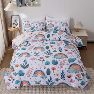 Btargot Lightweight Soft 3 Piece Rainbow Comforter Set with 2 Pillow Covers, Cartoon Leaves Flowers Bedding Set for Girls Boys Kids, Twin Green