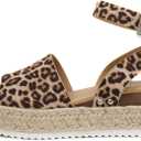Soda Topic Open Toe Buckle Ankle Strap Espadrilles Flatform Wedge Casual Sandal (7, Oat Cheetah)